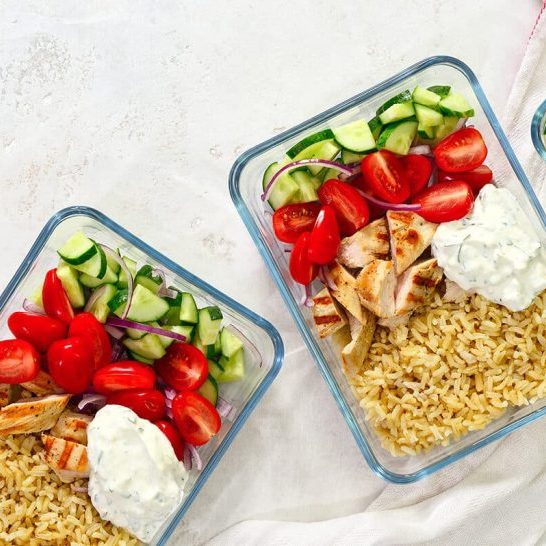 Greek chicken with tzatziki prepared and ready to eat in a take